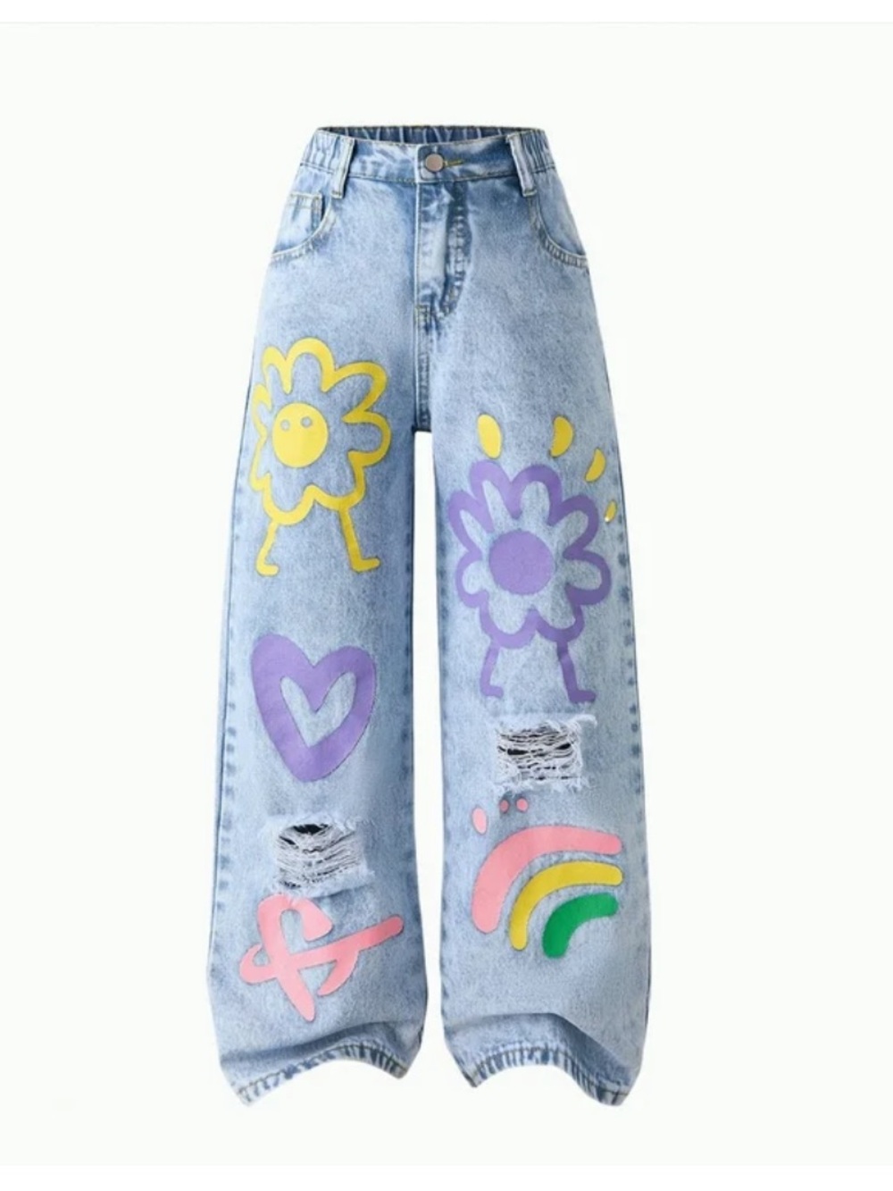 SHEIN Light Wash Jeans with Yellow, Purple, Pink and Green Graphic Prints